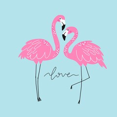 Summer tropical print with pink flamingos. Cute Exotic Flamingo character. Love summer