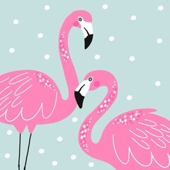 Summer tropical print with pink flamingos. Cute Exotic Flamingo character. Love summer