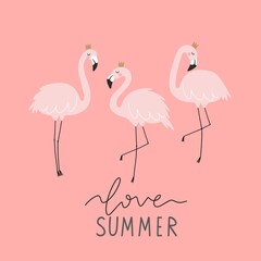 Obraz premium Summer tropical print with pink flamingos. Cute Exotic Flamingo character. Love summer