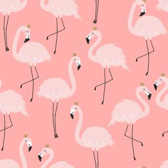 Summer tropical print with pink flamingos. Cute Exotic Flamingo character. Vector seamless pattern. 