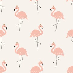 Summer tropical print with pink flamingos. Cute Exotic Flamingo character. Vector seamless pattern. 