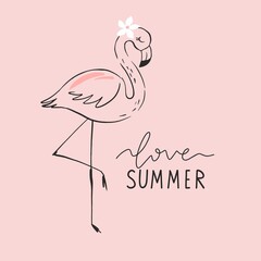 Summer tropical print with pink flamingos. Cute Exotic Flamingo character. Love summer