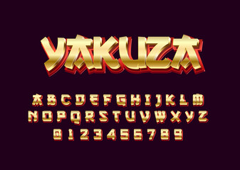3d bold modern gold typeface, vibrant cool text effect, japanese graffiti alphabet template
