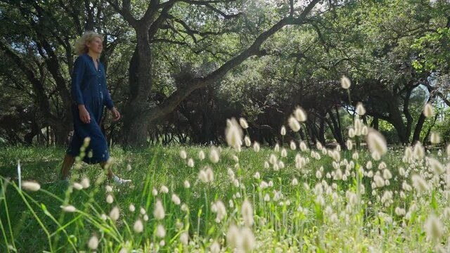 A European woman, middle-aged in a dress, walks on a prak with tall grass. With a philosophical romantic mood. Slow motion