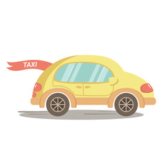 Obraz premium A little yellow car is driving down the road. Fast Delivery, Cab, Taxi.