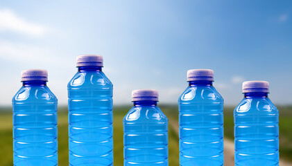 Plastikowe butelki na tle nieba i pola uprawnego. Ratowanie środowiska poprzez segregacje odpadów. 