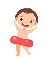 Cheerful boy rejoices. Prepared for water games in the sea, river or pool. In beachwear. Isolated on white background. Illustration in cartoon style. Flat design. Vector art