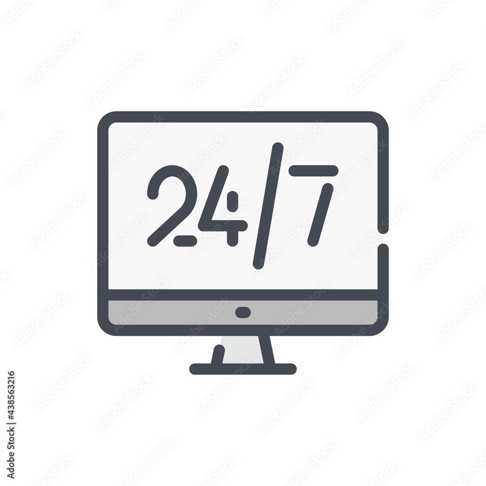 Fototapete Computer with 24-7 on the display color line icon. Clock support and service vector outline colorful sign.
