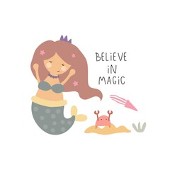 cartoon mermaid, hand drawing lettering. Flat style vector illustration for kids. baby design for greeting cards, print, decoration