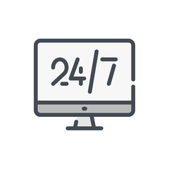 Computer with 24-7 on the display color line icon. Clock support and service vector outline colorful sign.