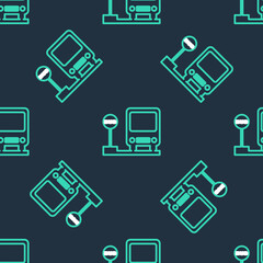 Line Bus stop icon isolated seamless pattern on black background. Transportation concept. Bus tour transport sign. Tourism or public vehicle symbol. Vector