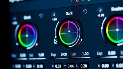 Color correction post production video or photo in progress, close up. Video editing and professional color correction program. Dark, shadow, highlight correction. Macro shot of the monitor screen.