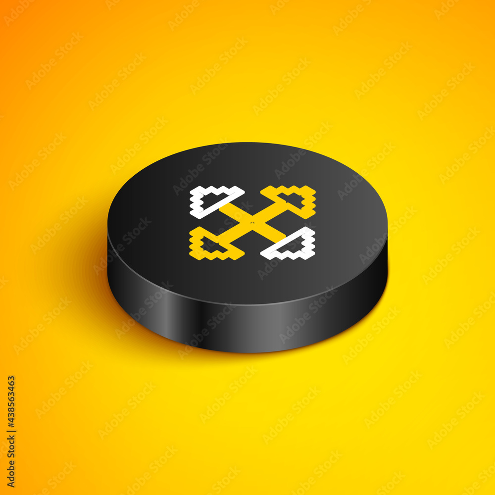 Poster isometric line pixel arrows in four directions icon isolated on yellow background. cursor move sign.