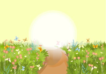 Road. Meadow with wildflowers and butterflies. Sunrise. illustration. Grass close-up. Green landscape. Summer sky. Cartoon style. Flat design. Flowers. Vector art - obrazy, fototapety, plakaty