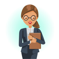 Lawyer women. Graduate juridical specialist standing  with folder in hands. Cartoon character professional of female.