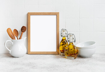 Empty wooden frame  in kitchen interior.