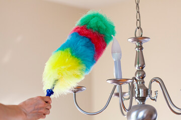 A woman holding colorful, non scratch plush microfiber duster brush is removing the dust from a...