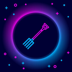 Glowing neon line Garden pitchfork icon isolated on black background. Garden fork sign. Tool for horticulture, agriculture, farming. Colorful outline concept. Vector