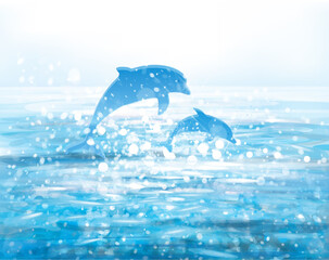 Vector  blue sea  and jumping dolphins. © rvika