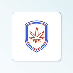 Line Shield and marijuana or cannabis leaf icon isolated on white background. Marijuana legalization. Hemp symbol. Colorful outline concept. Vector