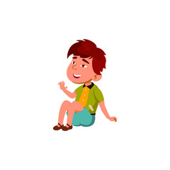 smiling small boy sitting on green grass cartoon vector. smiling small boy sitting on green grass character. isolated flat cartoon illustration