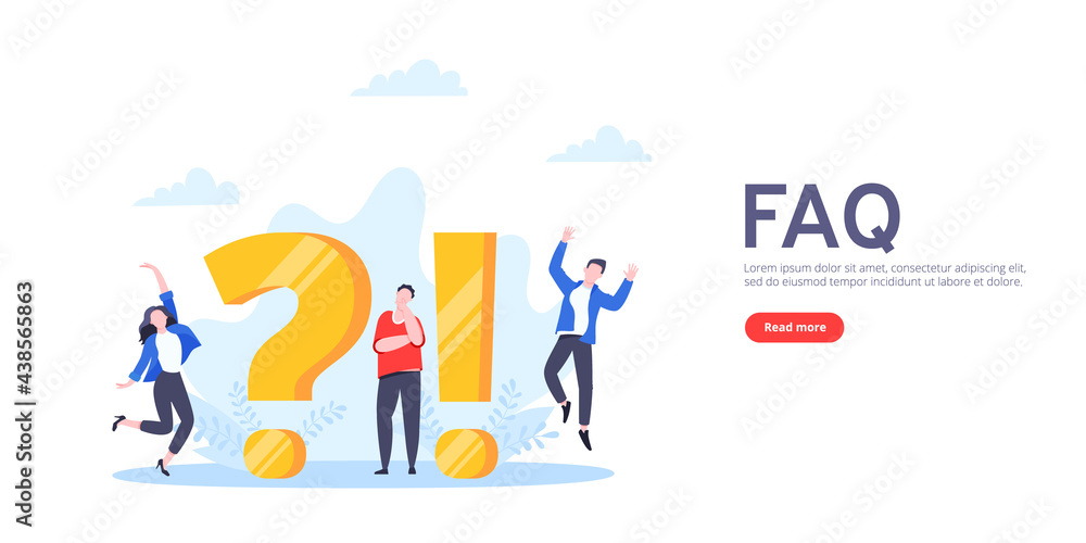 Poster q and a or faq concept with tiny people characters, big question and exclamation mark, frequently as