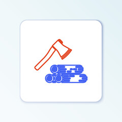 Line Wooden axe and wood icon isolated on white background. Lumberjack axe. Colorful outline concept. Vector