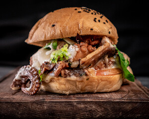 Appetizing octopus and Jack cheese burger