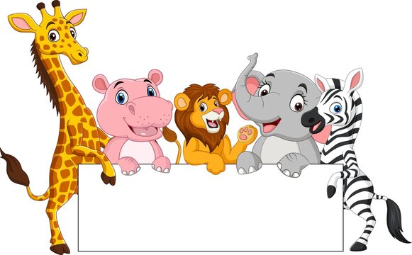 Cartoon wild animals with blank sign