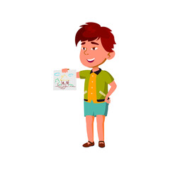 smiling boy showing drawn picture cartoon vector. smiling boy showing drawn picture character. isolated flat cartoon illustration