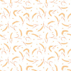 Seamless pattern with whole grain seeds organic, natural ears isolated on white background flat style design vector illustration. Wheat, barley or rye ears with straw chaotic version.