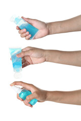 woman using antibacterial hand sanitizer spray on white background