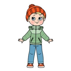 Cartoon boy in warm demi-season jacket, jeans, knitted hat with a pompom and sneakers  color variation for coloring on white background