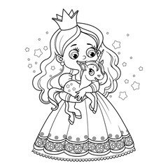 Cute cartoon princess hold fairytale baby unicorn in hands outlined and color for coloring book © Azuzl