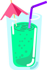Cocktail sweet fruit drink with straw and sunshade and bubbles isolated vector graphic