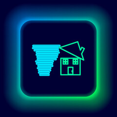 Glowing neon line Tornado swirl damages house roof icon isolated on black background. Cyclone, whirlwind, storm funnel, hurricane wind icon. Colorful outline concept. Vector