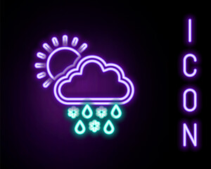 Glowing neon line Cloud with snow, rain and sun icon isolated on black background. Weather icon. Colorful outline concept. Vector