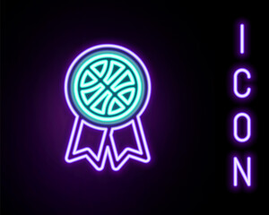 Glowing neon line Basketball medal with ribbon icon isolated on black background. Colorful outline concept. Vector