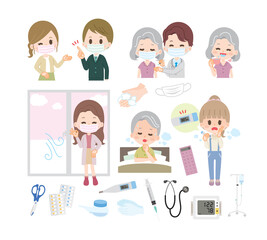 コロナ　風邪　インフルエンザ　病気　人物　イラストセット