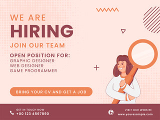 We Are Hiring Join Our Team Concept With Cartoon Girl Holding Magnifying Glass On Pink Halftone Background.