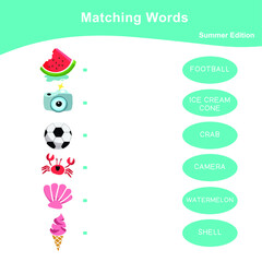 Matching words game summer edition. Matching words game for kids. Educational printable game cards. Preschool Education. Vector illustration.
