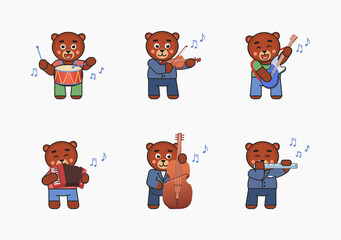 Set of bear characters playing on various musical instruments. Cute bear with drum, violin, guitar, flute, accordion, double bass. Vector illustration