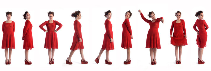 various poses of same woman with red dressed on white background