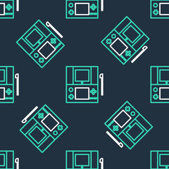 Line Portable video game console icon isolated seamless pattern on black background. Gamepad sign. Gaming concept. Vector