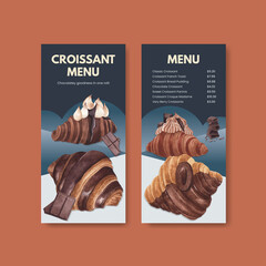 Menu template with croissant concept ,watercolor style