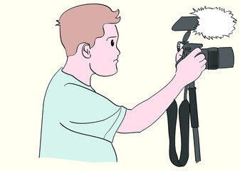 Young man shooting with DSLR and Monopod. Hand drawn style vector design illustrations