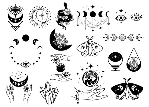 Hands clipart, magic mystic hand gestures icons symbols, Esoteric  witchcraft women hand, Black white line art outline hands PNG download