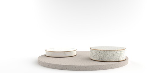 3D rendering of Round marble pedestal, Podium for display product on the white floor. Pedestal can be used for commercial advertising, Isolated on white background, Product Presentation, illustration.