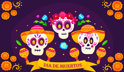 Dia de los muertos greeting banner with colourful sugar skulls and flowers, mexican day of dead with cute skeletons in cartoon style on dark background with marigolds, festival celebration