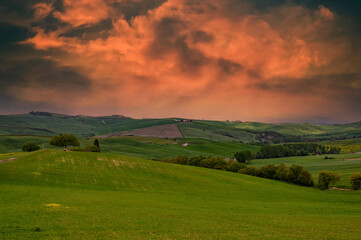 Obraz premium Tuscany spring, rolling hills and windmill on sunset. Rural landscape. Green fields. Italy, Europe